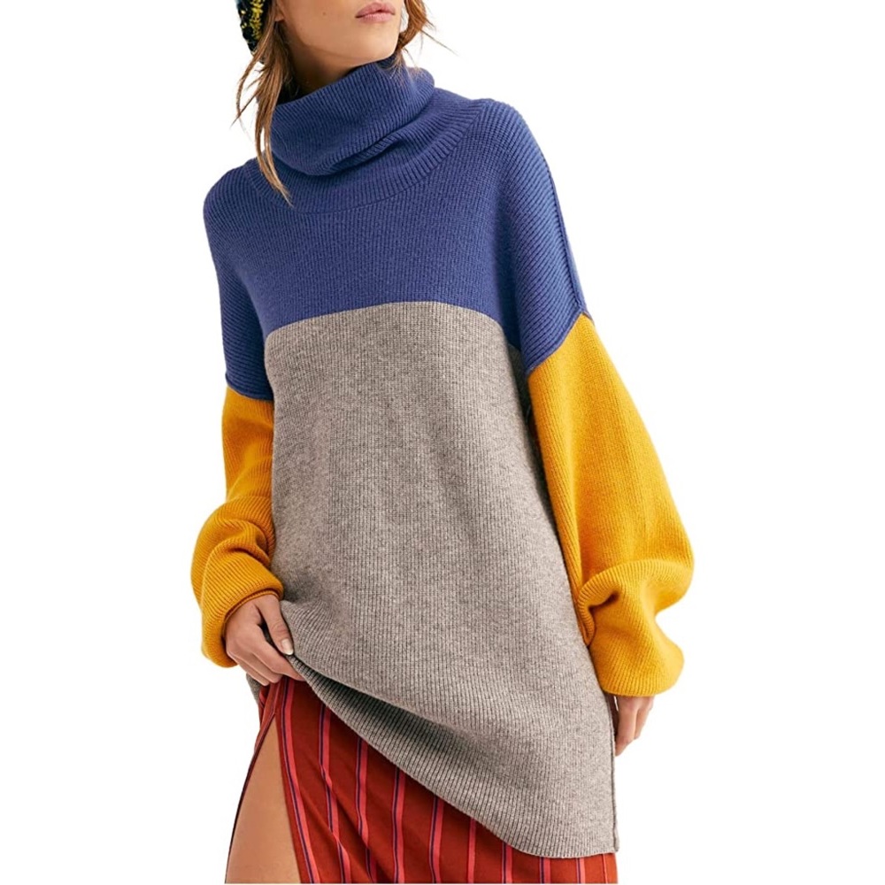 Free People Colorblock Turtleneck Sweater in Blue, Gray & Mustard